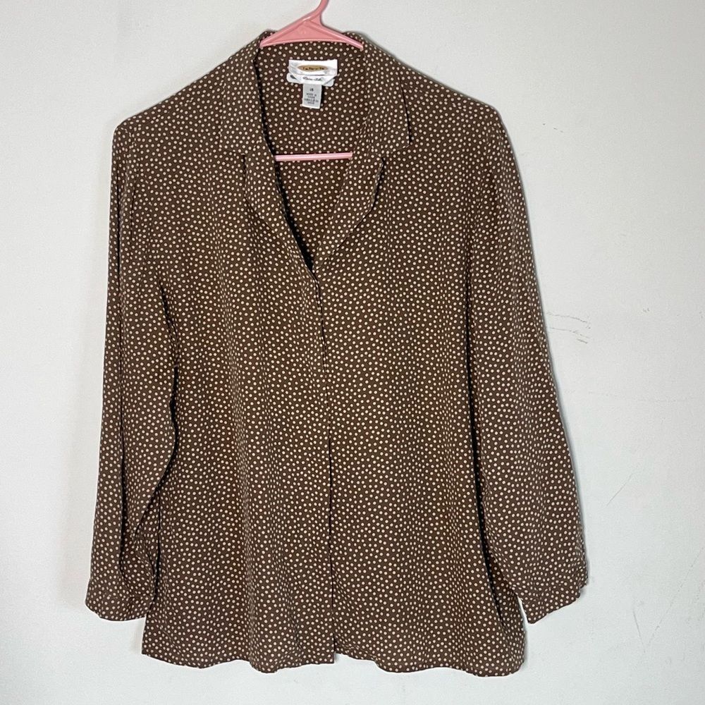 Vintage Talbots Brown Tan Polka Dot Silk Long Sleeve Button Up Shirt